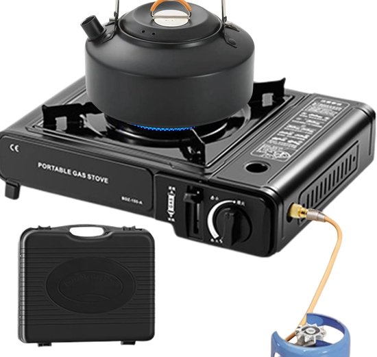 Draagbare Gasbrander Camping en Noodpakket met Externe Gasaansluiting – Portable Gas Stove – Inclusief 4 Butaan Gasbusjes – Kooktoestel voor Camping, Outdoor, Festival en Noodgebruik – Compact en Veilig van Merkloos