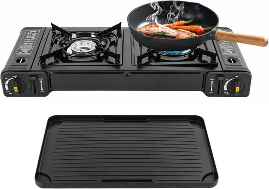 Draagbare Gasbrander - Tafelgrill Kooktoestel - Buiten Koken - Twee Branders Grillplaat - 61.5 x 27 cm - Zwart