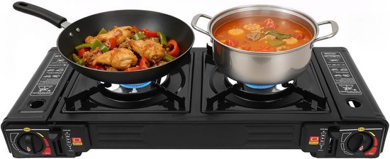 Draagbare Gasgrill - Camping Kooktoestel - Buiten Koken - Dubbele Branders - 63 x 26 x 12 cm - Zwart