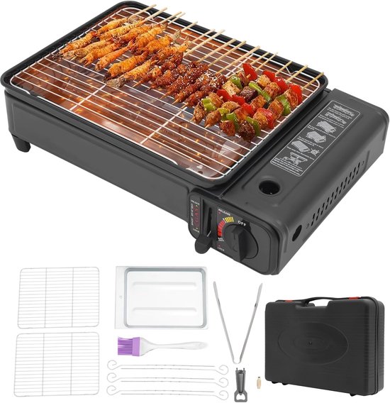Draagbare Gasgrill - Tafelgrill Kooktoestel - Kamperen Buiten Koken - Inclusief Draagtas - 42 x 26 x 11 cm - Zwart