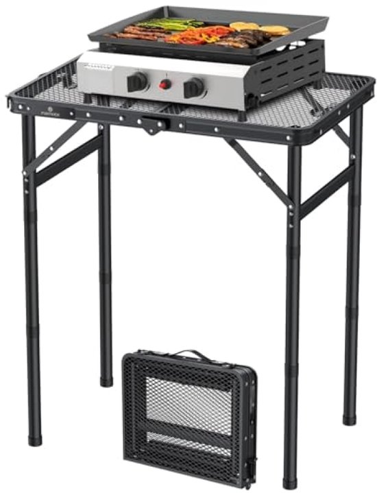 Draagbare grilltafel 58x40 cm - Inklapbare campingtafel - 3 verstelbare hoogtes (26/48/70 cm) - Multifunctionele outdoor tafel met mesh-blad