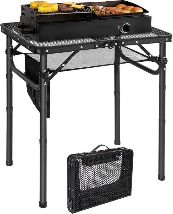 Draagbare Grilltafel met Gaasblad, 60 x 40 cm, Lichtgewicht Vouwbare Campingtafel voor Koken, BBQ en Picknick, Eenvoudig in Gebruik met Verstelbare Hoogte Poten, Zwart