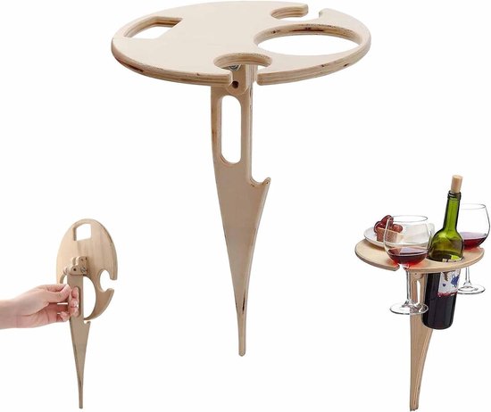 Draagbare houten wijntafel voor buitengebruik, ideaal voor strand, picknick en camping.