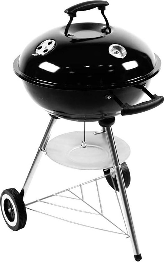 Draagbare houtskoolbarbecue kogelbarbecue grillwagen - 2 wielen - outdoor bolvormig design - zwart - 47 x 49 x 80 cm van Vency.