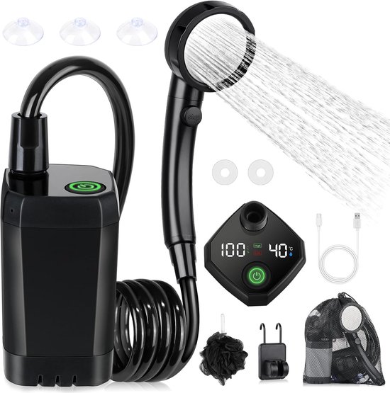 Draagbare kampeer douche - Duurzaam en langdurig - 6000mAh oplaadbare douche - Met slim LED-display - 4 waterstraalmodi - IPX7 waterdichte outdoor douchepomp - Camping Douche - Buitendouche - Tuindouche - Draagbare Douche - Mobiele Douche van Merkloos