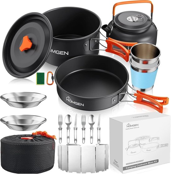 Draagbare Kookset voor Kamperen met Opvouwbare Windscherm - Lichtgewicht Aluminium Pannen en Potten - Inclusief 800ml Theepot, 2 Bekers en Borden - Compleet Kookgerei voor Hiking en Picknick