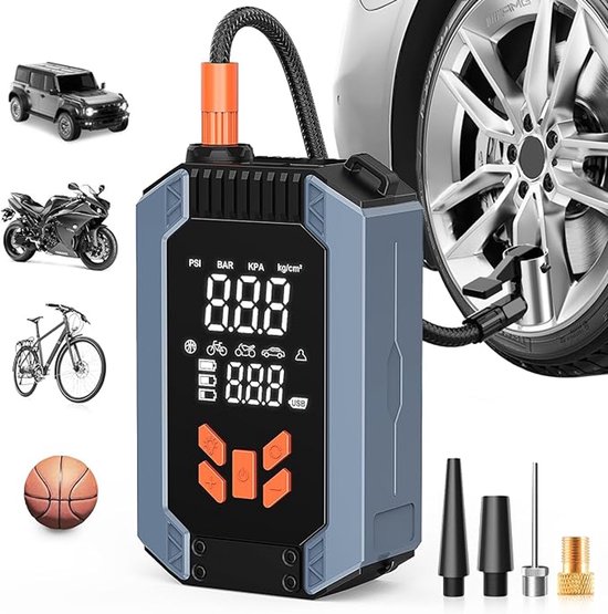 Draagbare luchtcompressor, mini-luchtcompressor met digitaal LCD-scherm en LED-licht, elektrische blazer, voor auto, motor, enz.