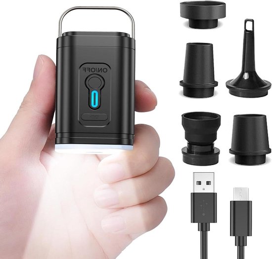 Draagbare Luchtpomp - Elektrische Pomp Mini - Opblaasbare Spullen Vullen - Met Campinglamp Functie - 5 Mondstukken - Zwart