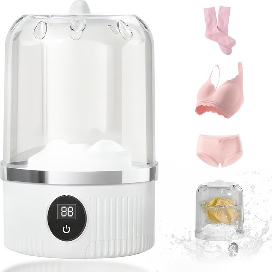 Draagbare mini-wasmachine voor ondergoed, sokken en bh's – 2 standen (5 min normaal / 10 min krachtig), 3000 mAh accu, lekdicht, compact voor thuis en op reis van Merkloos