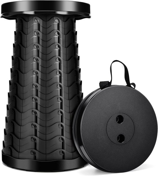 Draagbare opvouwbare kruk - Draagvermogen tot 180 kg - Uitschuifbare plastic opvouwbare kruk - Lichtgewicht en extra stevig - Geschikt voor kamperen, vissen, wandelen, barbecue, binnen en buiten, keuken - Zwart