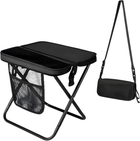 Draagbare opvouwbare kruk – Klapstoel met opbergvak - omvormbaar tot schoudertas voor handsfree dragen & belastbaar tot 120 kg - ultralicht voor wandelen, vissen, kamperen en festivals - Zwart van Merkloos