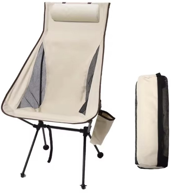 Draagbare Opvouwbare Luxe Campingstoel - Met Hoofdsteun - Lichtgewicht - Aluminium Visstoel - Inklapbare Campingstoel - Outdoor Stoel - Kampeerstoel - Luxe Kampeeruitrusting - Ergonomische Campingstoel - Waterproof - Beige van Merkloos