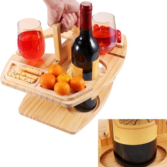 Draagbare Picknicktafel Outdoor Wijn Picknicktafel Mini Meubels Snack Tray Kaaslade Houten Picknicktafel Party met Glashouder Opvouwbare voor Camping Strand Park camping table van Merkloos