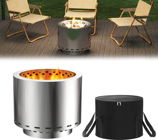 Draagbare rookvrije houtkachel Outdoor roestvrijstalen vuurschaal vuurplaats vuurton vuurkorf met tas winddicht, kampeerfornuis terrasverwarming voor kamperen BBQ ⌀49 cm, hoogte 40 cm van Merkloos