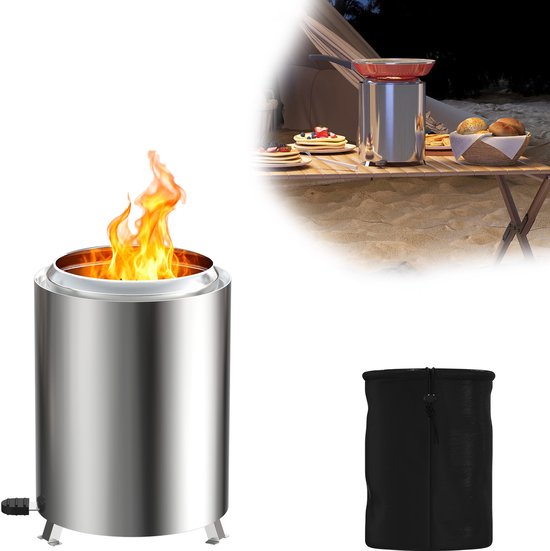 Draagbare rookvrije houtkachel Outdoor roestvrijstalen vuurschaal vuurplaats vuurton vuurkorf met tas winddicht, kampeerfornuis terrasverwarming voor kamperen BBQ Klein ⌀14cm, hoogte 19,5cm