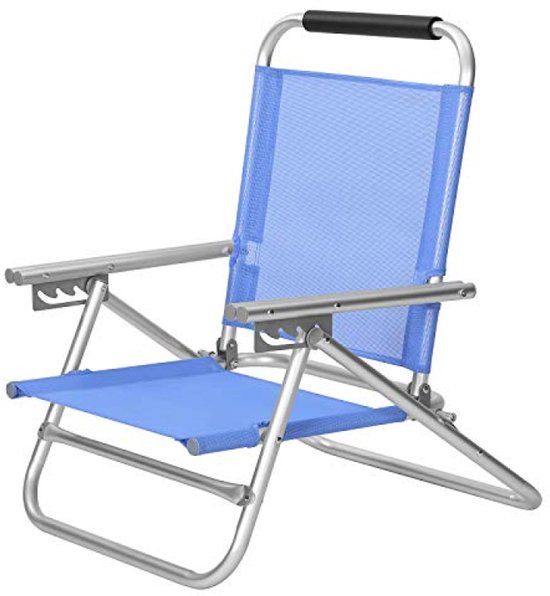 Draagbare strandstoel - Inklapbare vouwstoel met 4-standige rugleuning, armleuningen, ademende stof, belasting 150 kg, blauw