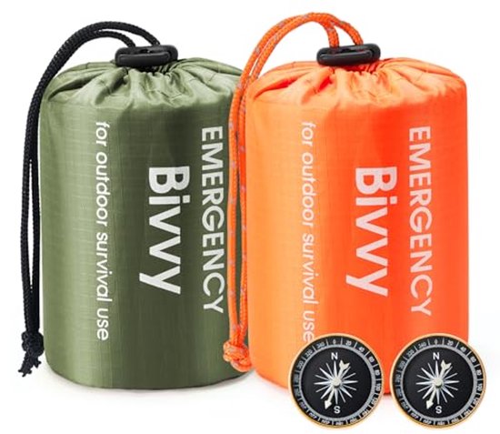 Draagbare Survival Thermische Noodslaapzakken - 2 Stuks Lichtgewicht Waterdichte Bivy Zak met Kompas en Fluitje voor Kamperen en Wandelen van Merkloos