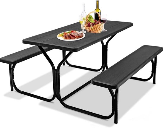 Draagbare Tafel Set - Picknick Tafel Bank - Buiten Eten - Alles-in-één Ontwerp - Compact Formaat - Zwart
