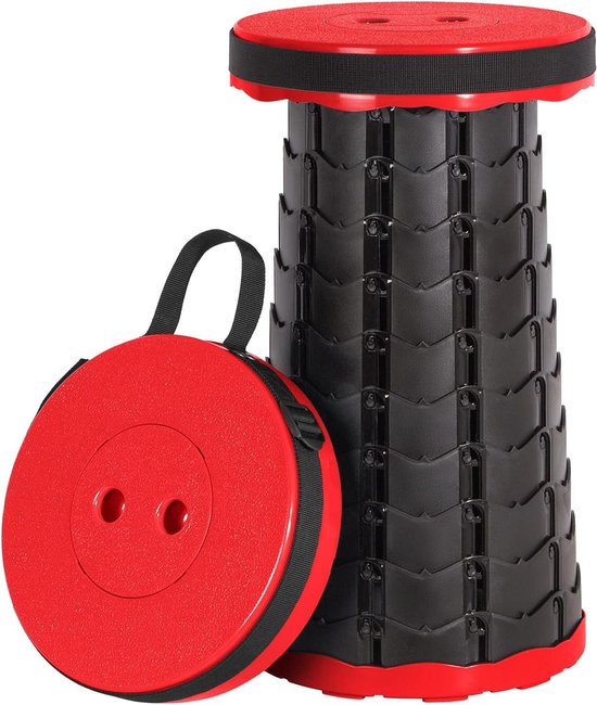 Draagbare telescopische kruk - inklapbaar van kunststof - opvouwbare zitting - voor vissen grillen kamperen - max. belasting 150 kg - rood/zwart Telescopic Stool