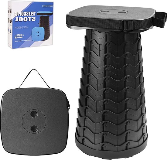 Draagbare telescopische kruk met grotere stoel - opvouwbare vierkante kampeerkruk voor volwassenen - lichtgewicht compacte kruk - zwart van Merkloos