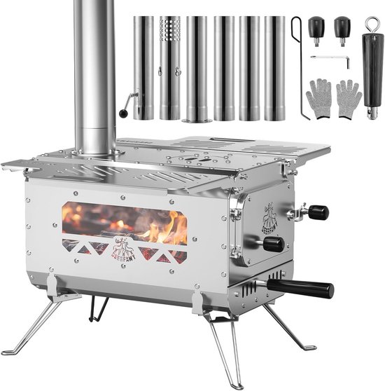 Draagbare Tentkachel voor Tuin en Camping - Houtkachel met Inklapbare Poten en 6 Schoorsteenbuizen van Vaggan