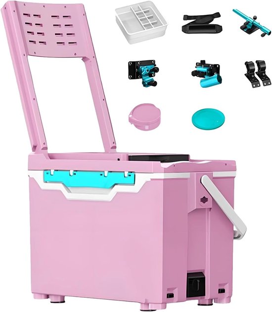 Draagbare viskist - Koelbox met stoel - Vissen en outdoor - Multifunctioneel en opvouwbaar - 26 Liter inhoud - Roze