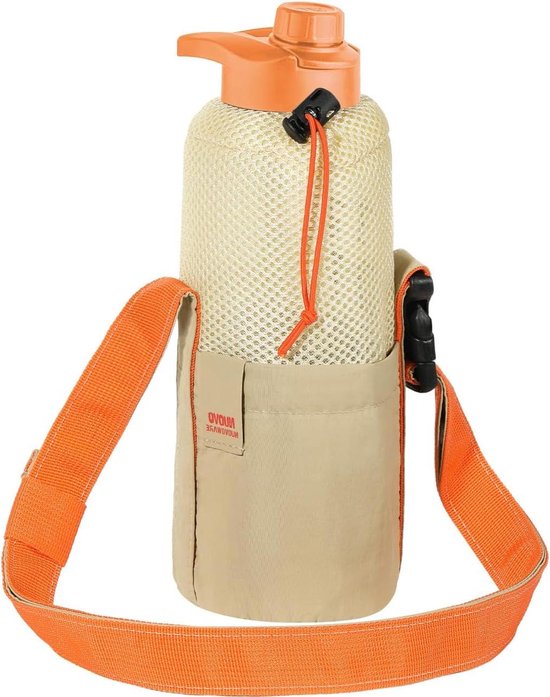 Draagbare waterfleshouder 1000 ml - universele flessentas van polyester - waterfles met trekkoord - verstelbare schouderriem - voor wandelen kamperen hardlopen - oranje + grijs bottle bag van Ancokigra