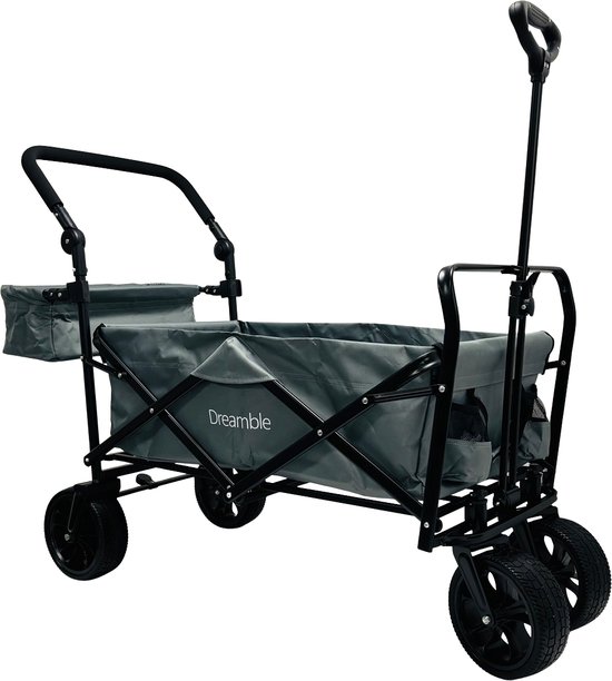 Dreamble® | Bolderkar | Grijs | Tot 140KG | 120L | Trek en duwfunctie | Dikke zachte vloermat 4cm - voor kinderen | Extra grote wielen Ø20cm | Extra opbergruimte | 130x110(LxH) | 2 pockets buiten,1 pocket binnenin met rits | Voetrem | Beschermhoes van Dreamble