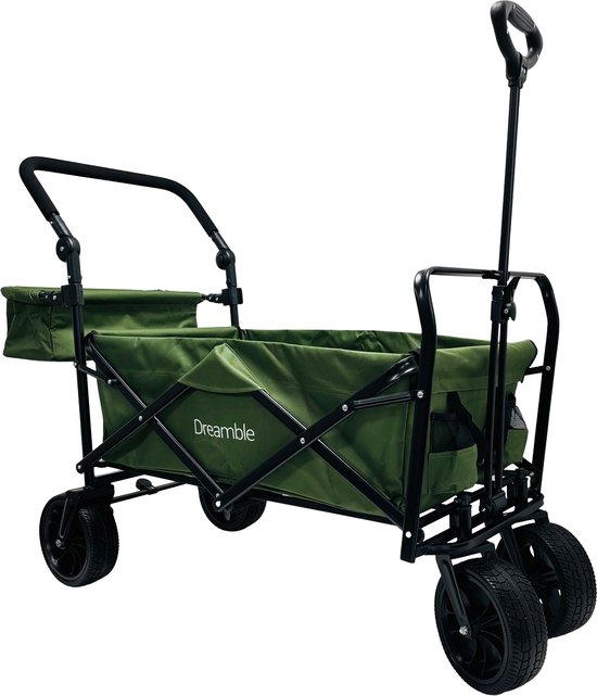 Dreamble® | Bolderkar | Groen | Tot 140KG | 120L | Trek en duwfunctie | Dikke zachte vloermat 4cm - voor kinderen | Extra grote wielen Ø20cm | Extra opbergruimte | 130x110(LxH) | 2 pockets buiten,1 pocket binnenin met rits | Voetrem | Beschermhoes van Dreamble