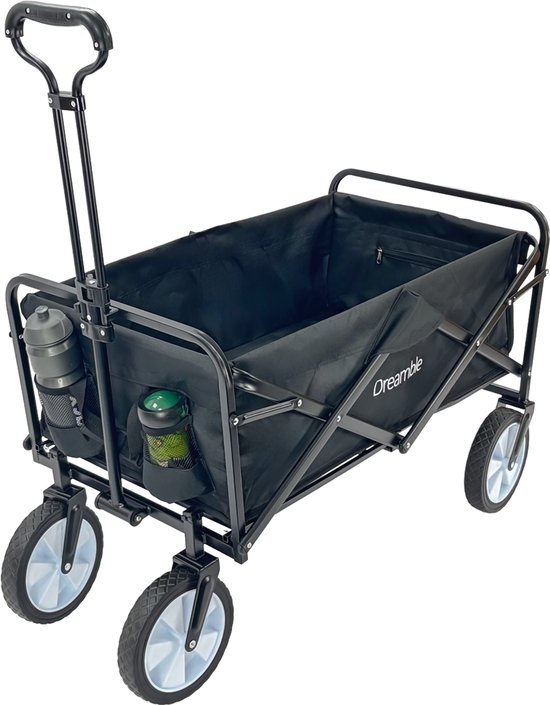 Dreamble® | Bolderkar | Zwart | 100KG Draagkracht | 100L | Opvouwbaar | Extra Dikke Ingebouwde Vloermat | Grote wielen - 20cm Ø - 360° draaibaar | Beschermhoes | 2 pockets vóór + ritszak binnenkant van Merkloos