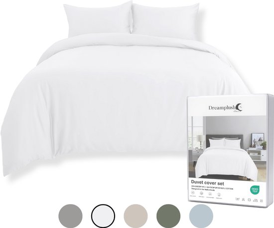 Dreamplush® Dekbedovertrek 200x200 Katoen Satijn – 300TC – Tweepersoons – Inclusief Kussenslopen 60x70 – Ritssluiting – Wit van Merkloos