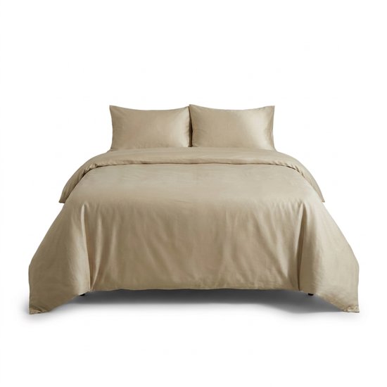 Dreamplush® Dekbedovertrek 240x220 Katoen Satijn – 300TC – Lits Jumeaux – Inclusief Kussenslopen 60x70 – Ritssluiting – Beige