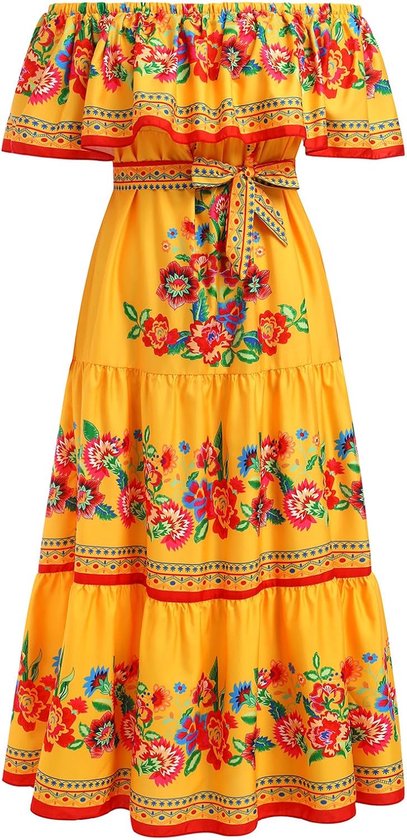 Dress for Women: Traditional Fiesta Outfit Cinco De Mayo Bohemian Floral Boho Summer Dresses for Women 2023 Beach Gown Mexico Clothes Maxi Party Casual Sundress Yellow 3X-Large