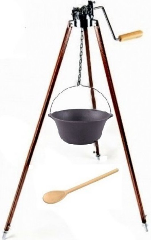 Driepoot set Standaard met GIETIJZEREN pan! Verstelbaar!!! Gietijzer pan, BBQ pan, Kampvuur pan, 8Liter Heksenketel.