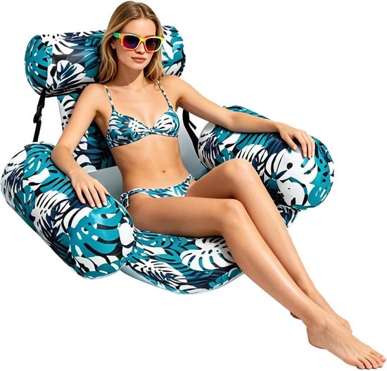 Drijvende Zwembad Stoel - Opblaasbare Lounger - Ontspannen in Water - Esdoornblad Patroon - 90x40x61 cm - Gras groen