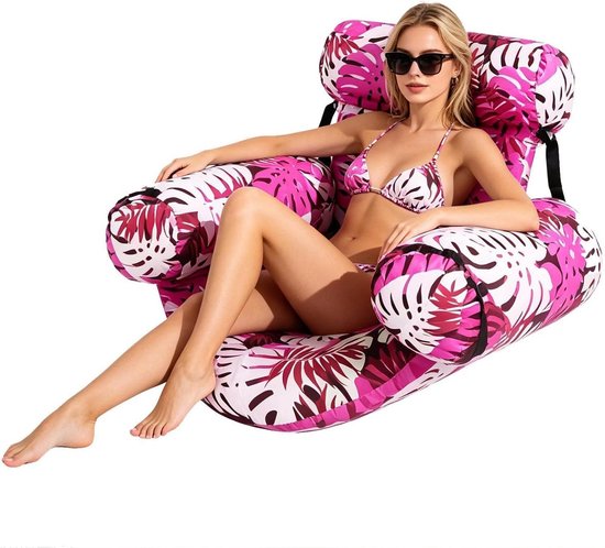 Drijvende Zwembad Stoel - Opblaasbare Lounger - Water Ontspanning - Esdoornblad Ontwerp - 90x405x61cm - Roze rood