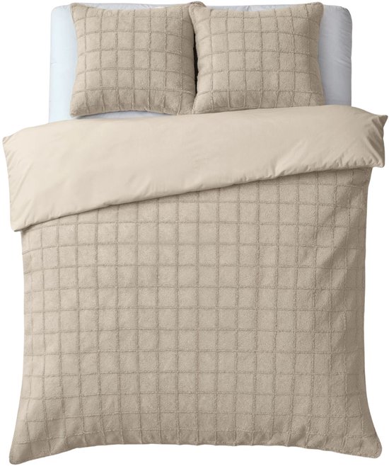 Droomtextiel Teddy Dekbedovertrek Fur Check - 200x200/220 cm - Beige van Droomtextiel