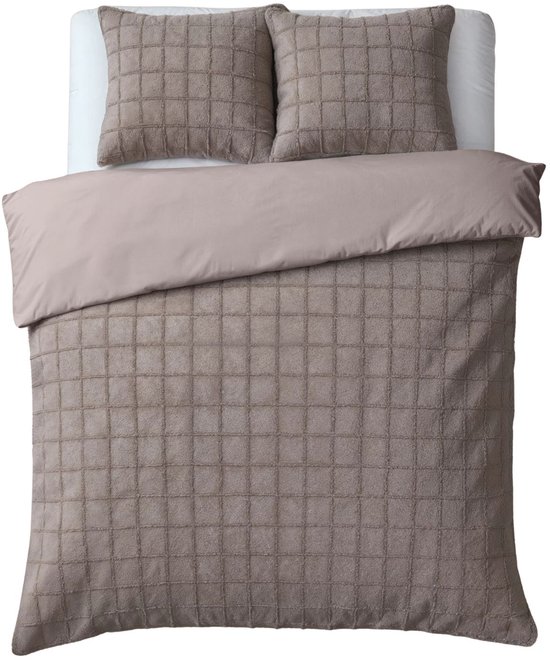 Droomtextiel Teddy Dekbedovertrek Fur Check - 200x200/220 cm - Taupe van Droomtextiel