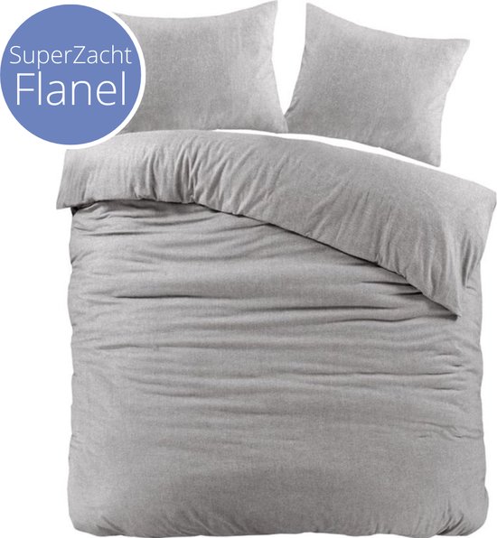 Droomtextiel Uni Flanel Dekbedovertrek Brienz - Lits-Jumeaux - 240x200/220 cm - Grijs - Super Zacht van Droomtextiel