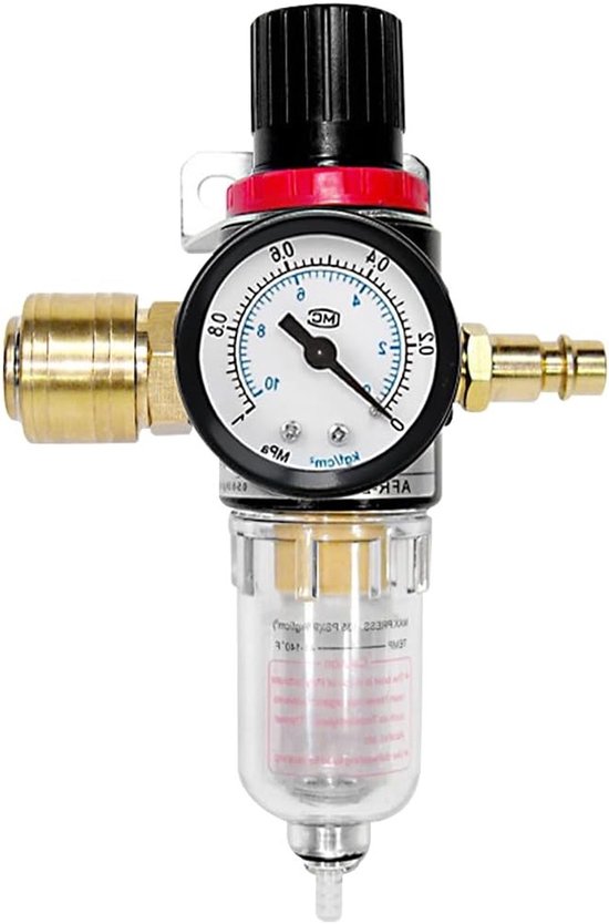 Drukregelaar voor Samengeperste Lucht met Waterafscheider en Accessoires voor Compressoren - 1/4 Inch, Luchtfilter en Efficiënte Waterafvoer