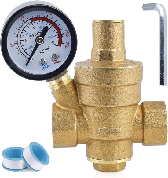 Drukregelaar water 1/2 inch DN15, waterdrukregelaar met manometer, drukverloopventiel met instelgereedschap, waterdrukregelaar van messing, instelbare drukregelaar voor water