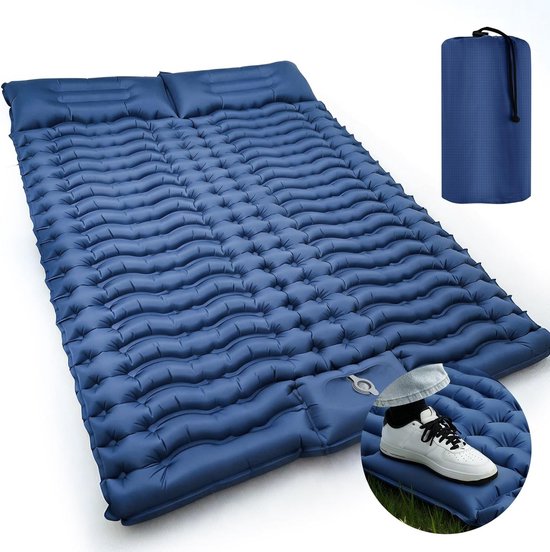 Dubbel geïsoleerde opblaasbare campingmat voor 2 personen, ultralichte slaapmat met luchtpomp, ideaal voor kamperen, backpacken en wandelen, 195 x 125 x 10 cm