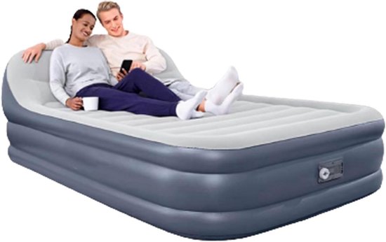 Dubbel Luchtbed - Opblaasbaar Matras - Kamperen en Gasten - Met Rugleuning - 152x226x46CM - Grijs