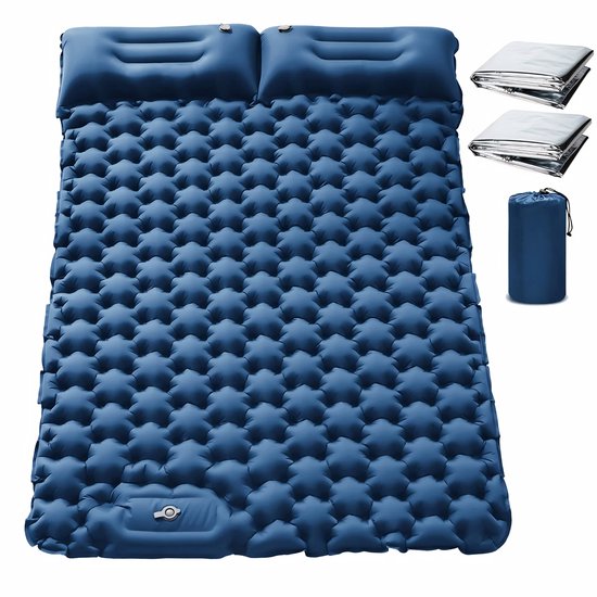 Dubbel Opblaasbaar Camping Matras met Ingebouwde Voetpomp – 2 Persoons Slaapmat met Kussen – Lichtgewicht & Compact – Waterdicht Outdoor Luchtbed – 196x125 cm – Blauw van Merkloos