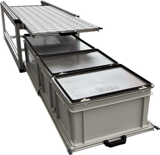 Dubbel schuifframe voor camper 120x40 cm met gesloten bakken en aluminium topplaat - belastbaar 130 kg van Mobil-Slide.