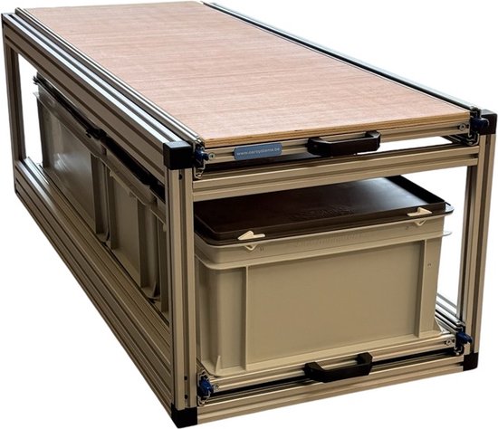 Dubbel schuifframe voor camper 120x40 cm met gesloten bakken en houten topplaat - belastbaar 130 kg van StoreMax