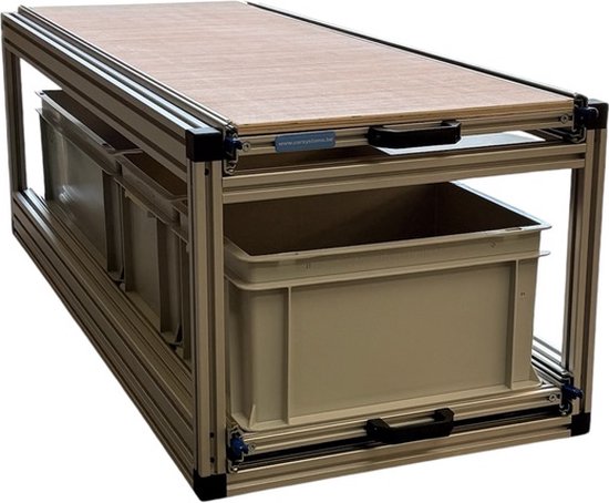 Dubbel schuifframe voor camper 120x40 cm met open bakken en houten topplaat - belastbaar 130 kg van Oyster Technologies