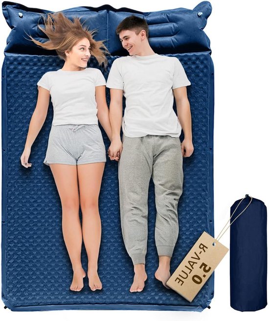 Dubbel Slaapkussen - Campingmatras Luchtbed - Kamperen en Wandelen - Zelfopblazend met Traagschuim - Volledig formaat 2 persoons - Blauw van Merkloos