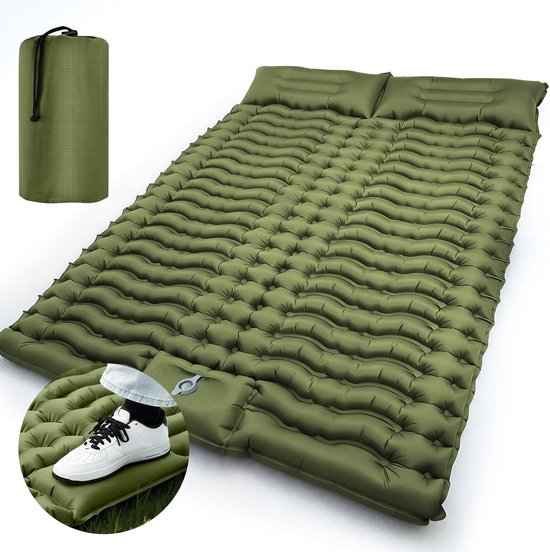 Dubbele Campingmat - Slaapmat Outdoor - Kamperen en Reizen - Zelfopblazend met Kussen - 200x140x10 cm - Olijfgroen van Merkloos