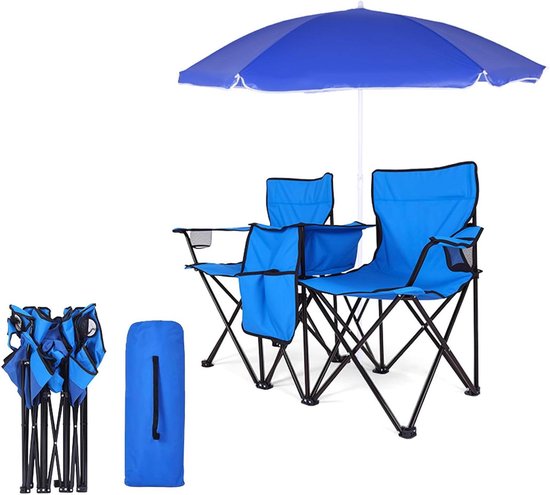 Dubbele Campingstoel - Buitenbank Kampeerstoel - Ontspannen Buiten - Met Koelvak - Voor 2 Personen - Blauw